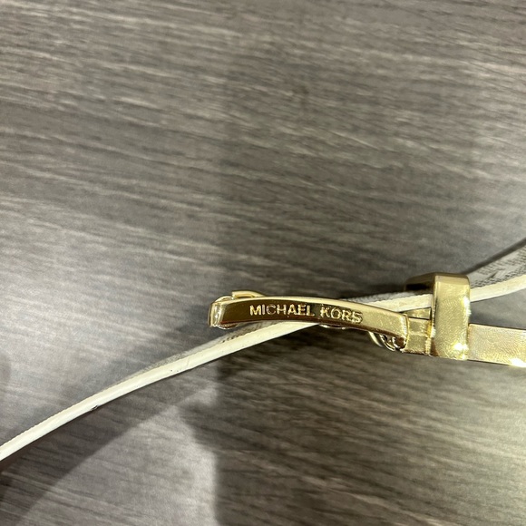 Michael Kors White and Brown Monogram Leather Gold Buckle Belt - Picture 3 of 8